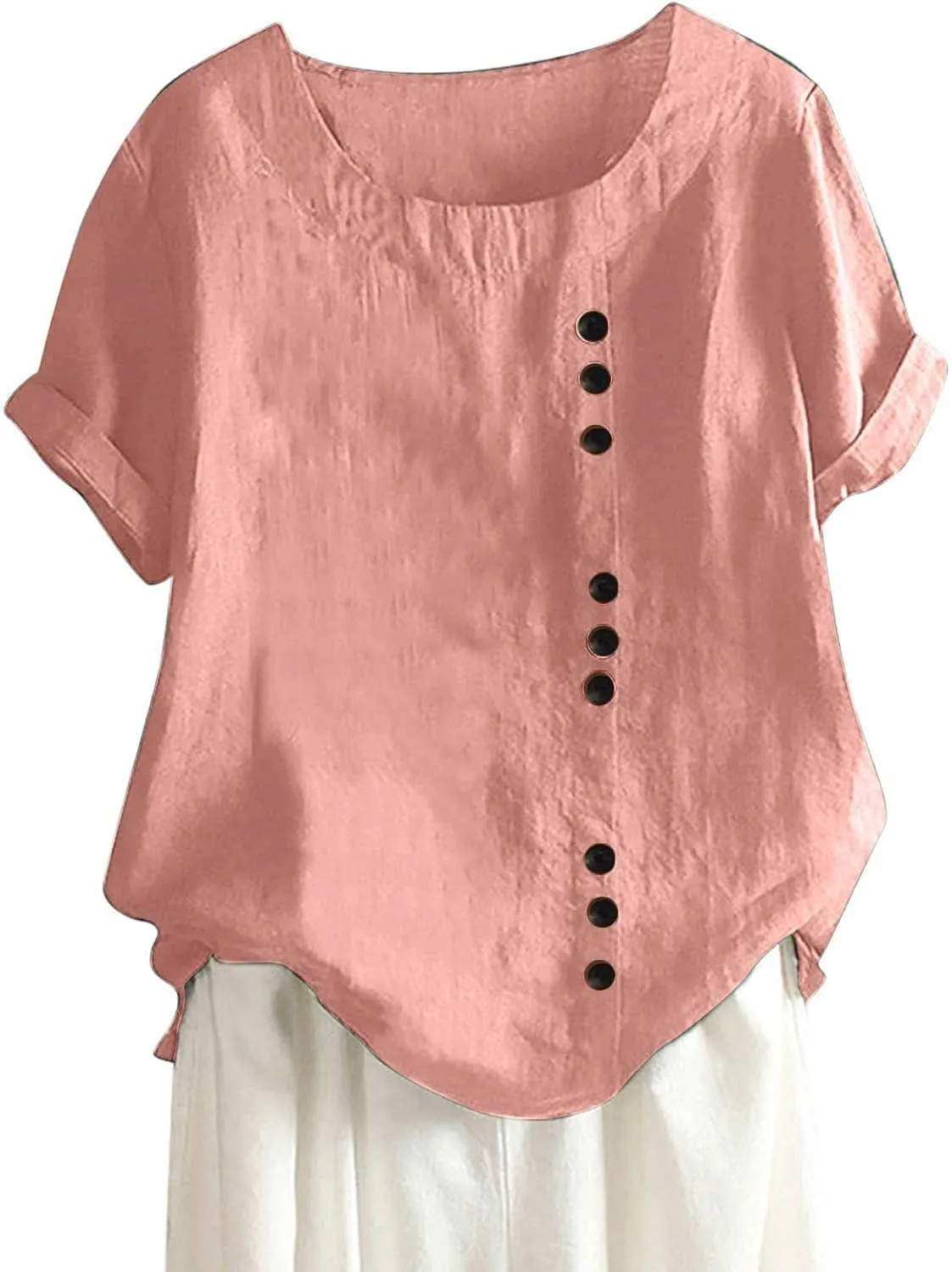 Cotton Linen Tops for Women Loose Fit Casual Roll Up Short Sleeve T-Shirt Trendy Cute Floral Print Blouse Summer Top