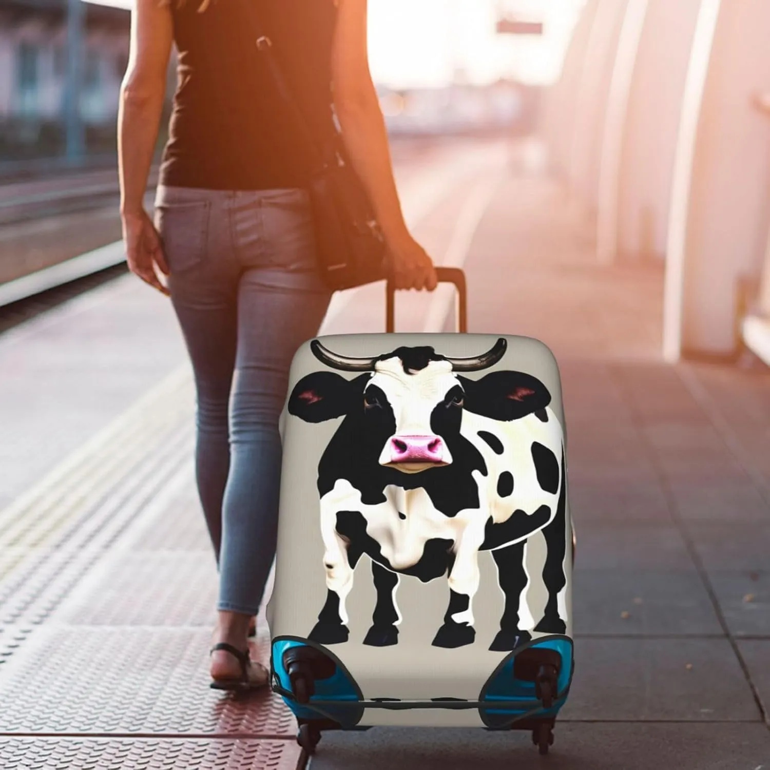 Cow black spot Print Practical Elastic Washable Travel Luggage Cover with Concealed Zipper for Suitcases