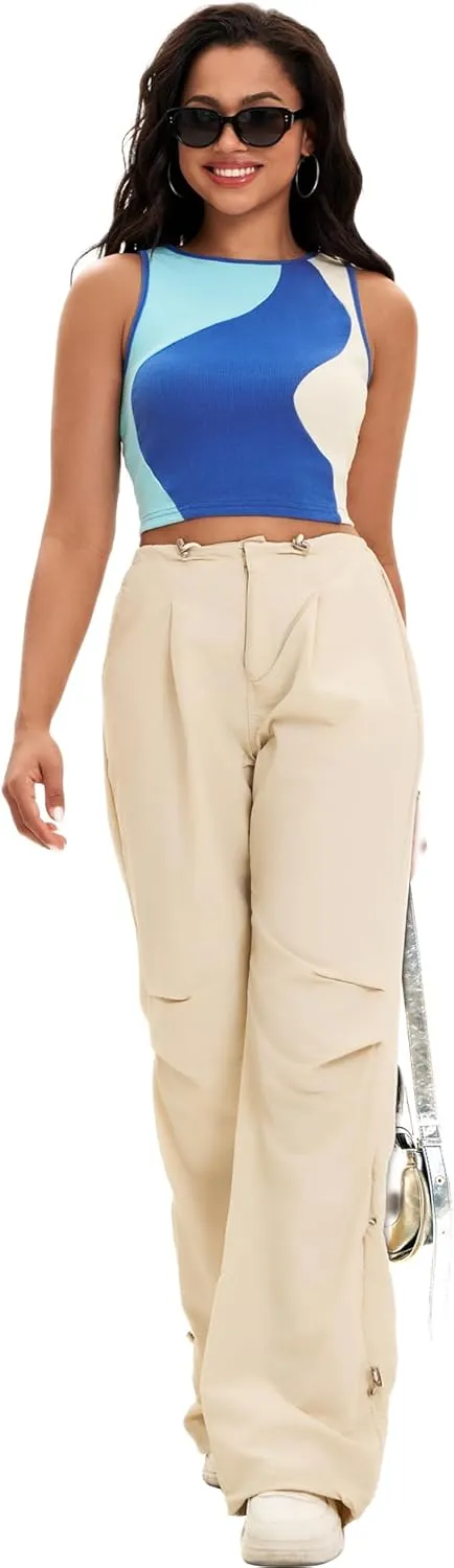 Cropped Tank Tops for Women Summer Color Block Ribbed Sleeveless Tops Basic Casual Going Out Tops