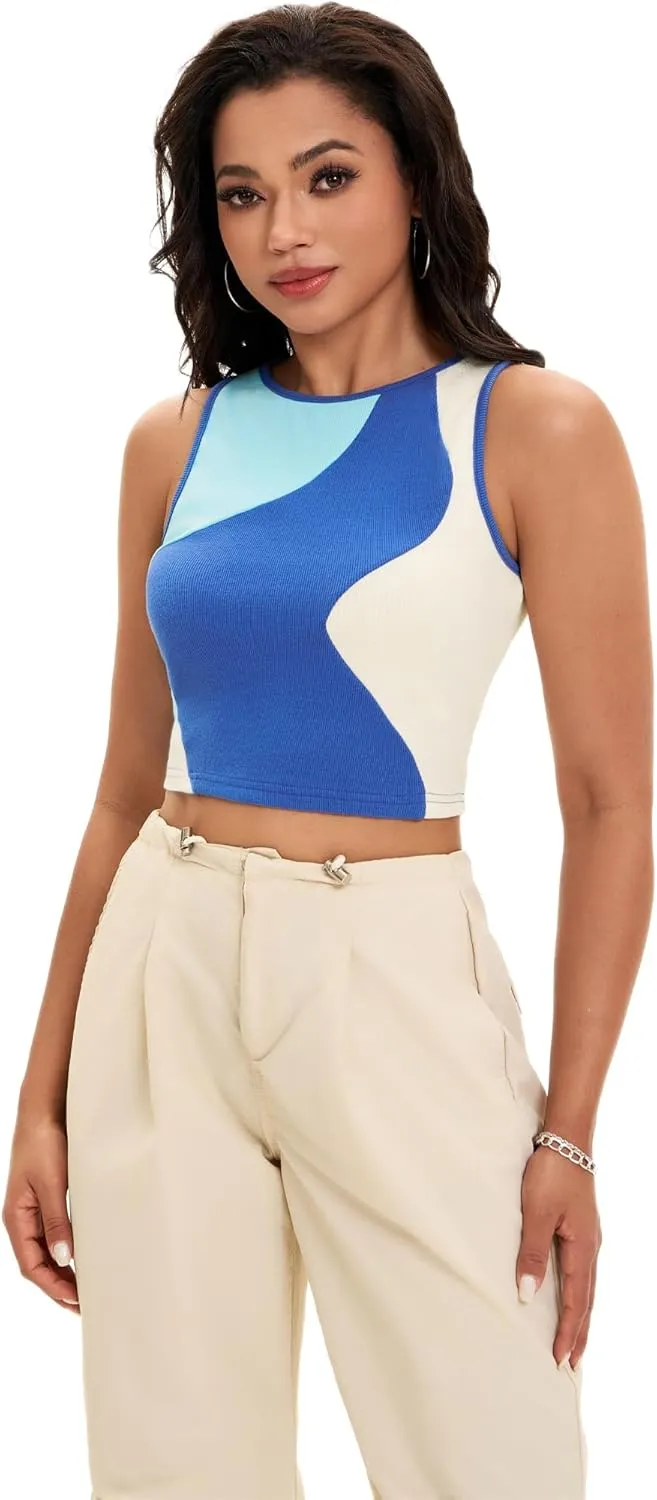 Cropped Tank Tops for Women Summer Color Block Ribbed Sleeveless Tops Basic Casual Going Out Tops