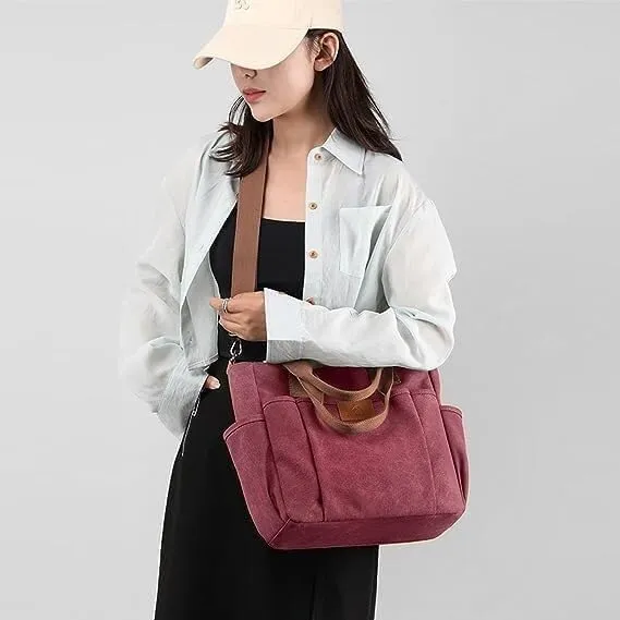 Crossbody Canvas Bag Women Large Capacity Portable Vintage Travel Satchel Handbags Multi Pocket Shoulder Bags