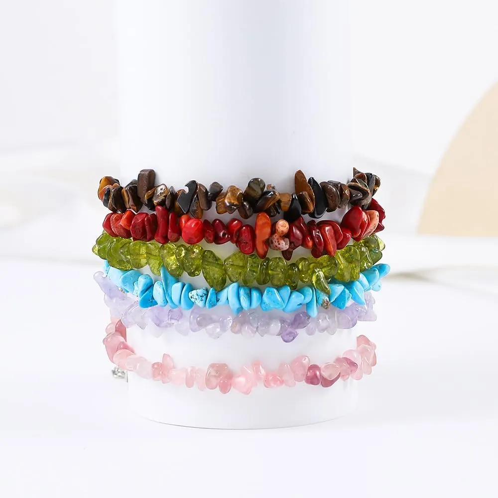 Crystals Chip Bracelets for Women Natural Gemstone Healing Crystal Stretch Bracelets Colorful Gravel Bead Bracelets Irregular Chips Beads Bracelet Reiki Beaded Bracelets Gifts