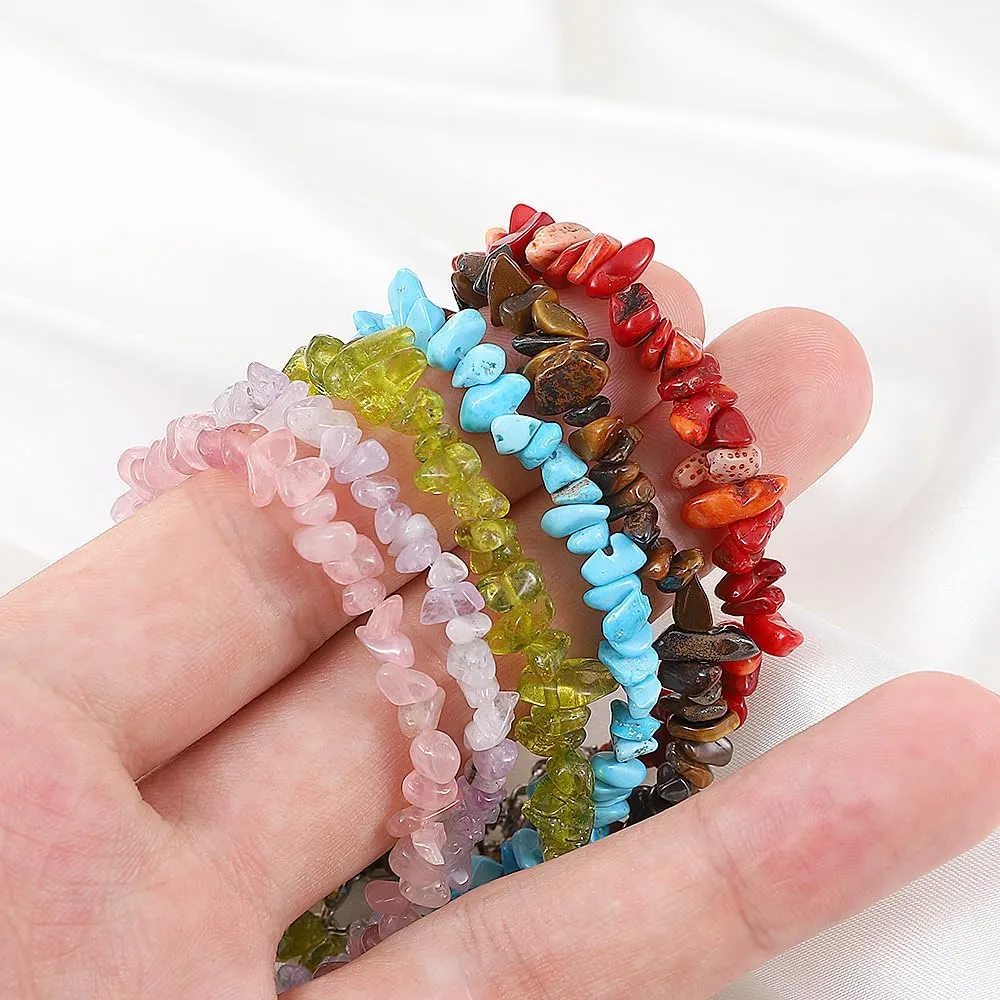 Crystals Chip Bracelets for Women Natural Gemstone Healing Crystal Stretch Bracelets Colorful Gravel Bead Bracelets Irregular Chips Beads Bracelet Reiki Beaded Bracelets Gifts