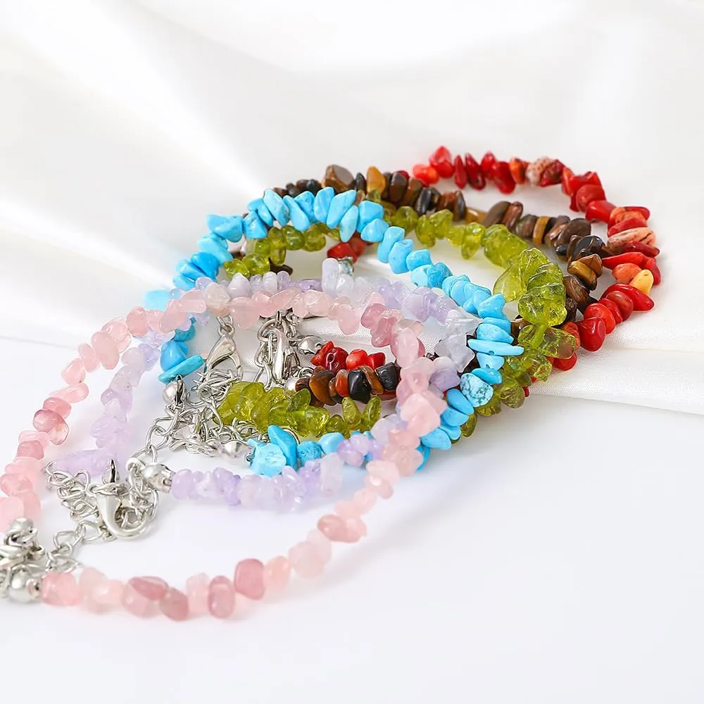 Crystals Chip Bracelets for Women Natural Gemstone Healing Crystal Stretch Bracelets Colorful Gravel Bead Bracelets Irregular Chips Beads Bracelet Reiki Beaded Bracelets Gifts