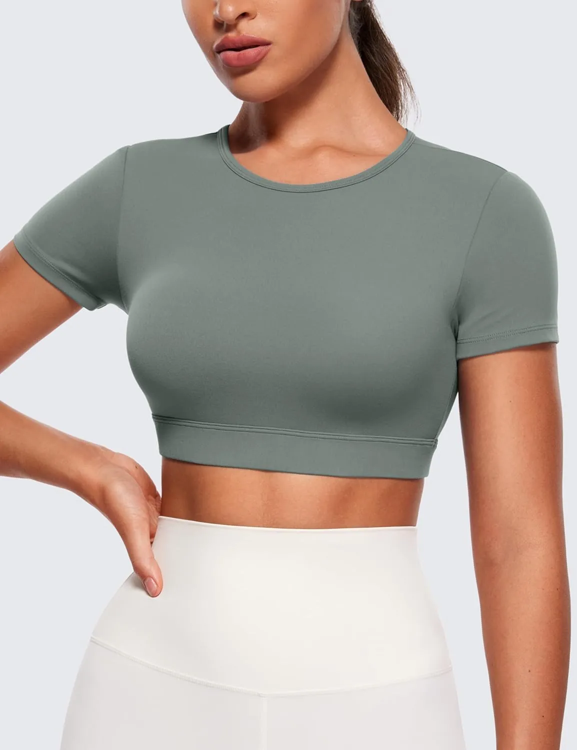 CRZ YOGA Womens Butterluxe Double Lined Open Back Crop Tops Backless Short Sleeve Workout Shirts Casual Tight T-Shirts