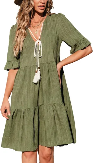 CUPSHE Women Tiered Ruffle Midi Summer Dress Cover Up Notched V Neck Tassel Tie Short Sleeve Casual Spring Beach Dresses