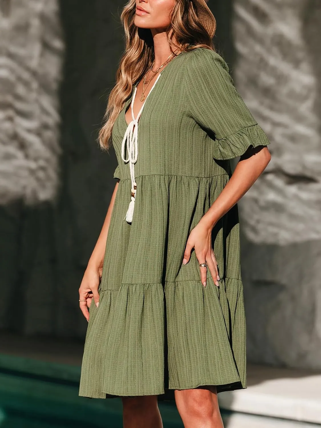 CUPSHE Women Tiered Ruffle Midi Summer Dress Cover Up Notched V Neck Tassel Tie Short Sleeve Casual Spring Beach Dresses