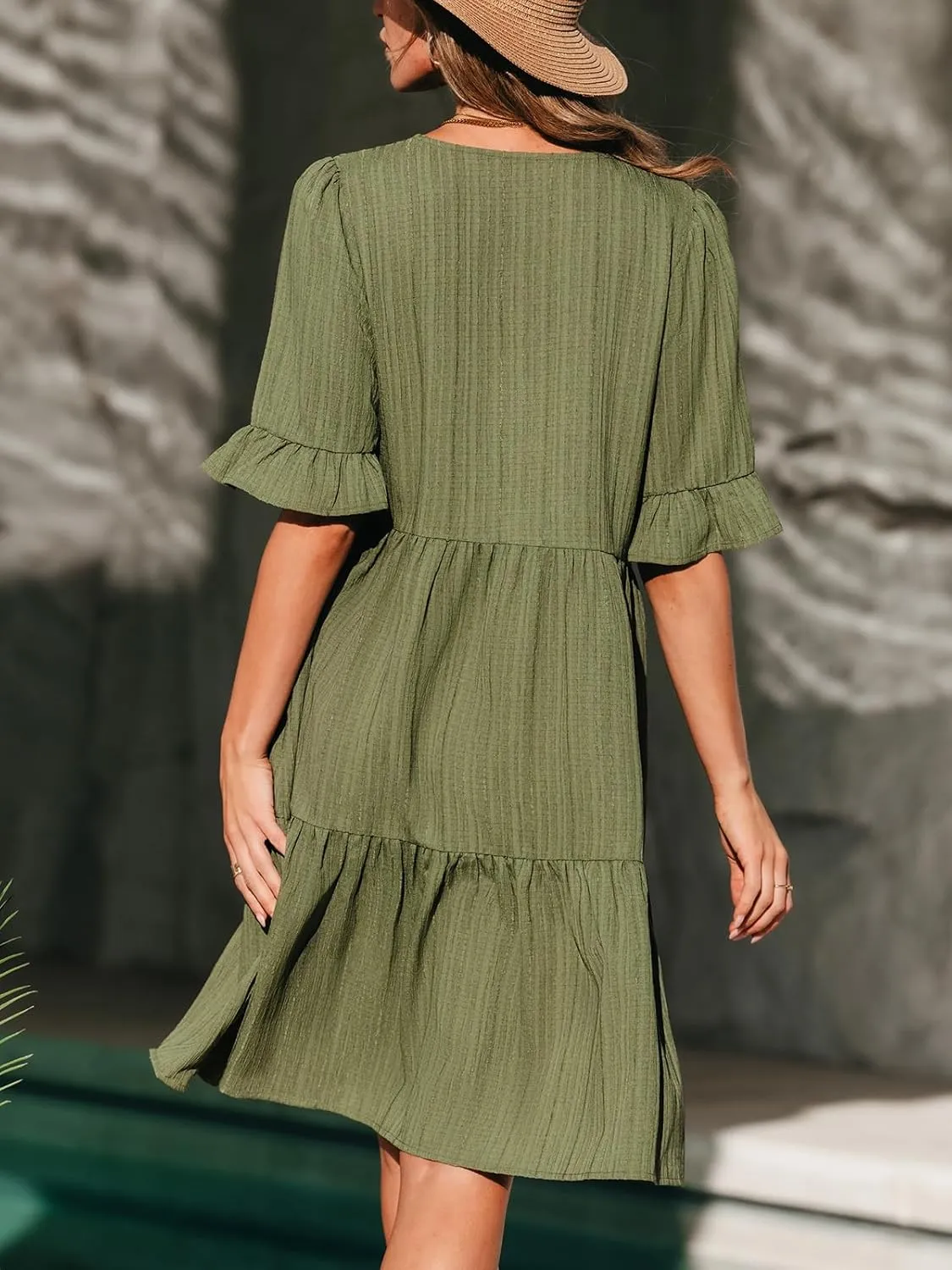 CUPSHE Women Tiered Ruffle Midi Summer Dress Cover Up Notched V Neck Tassel Tie Short Sleeve Casual Spring Beach Dresses