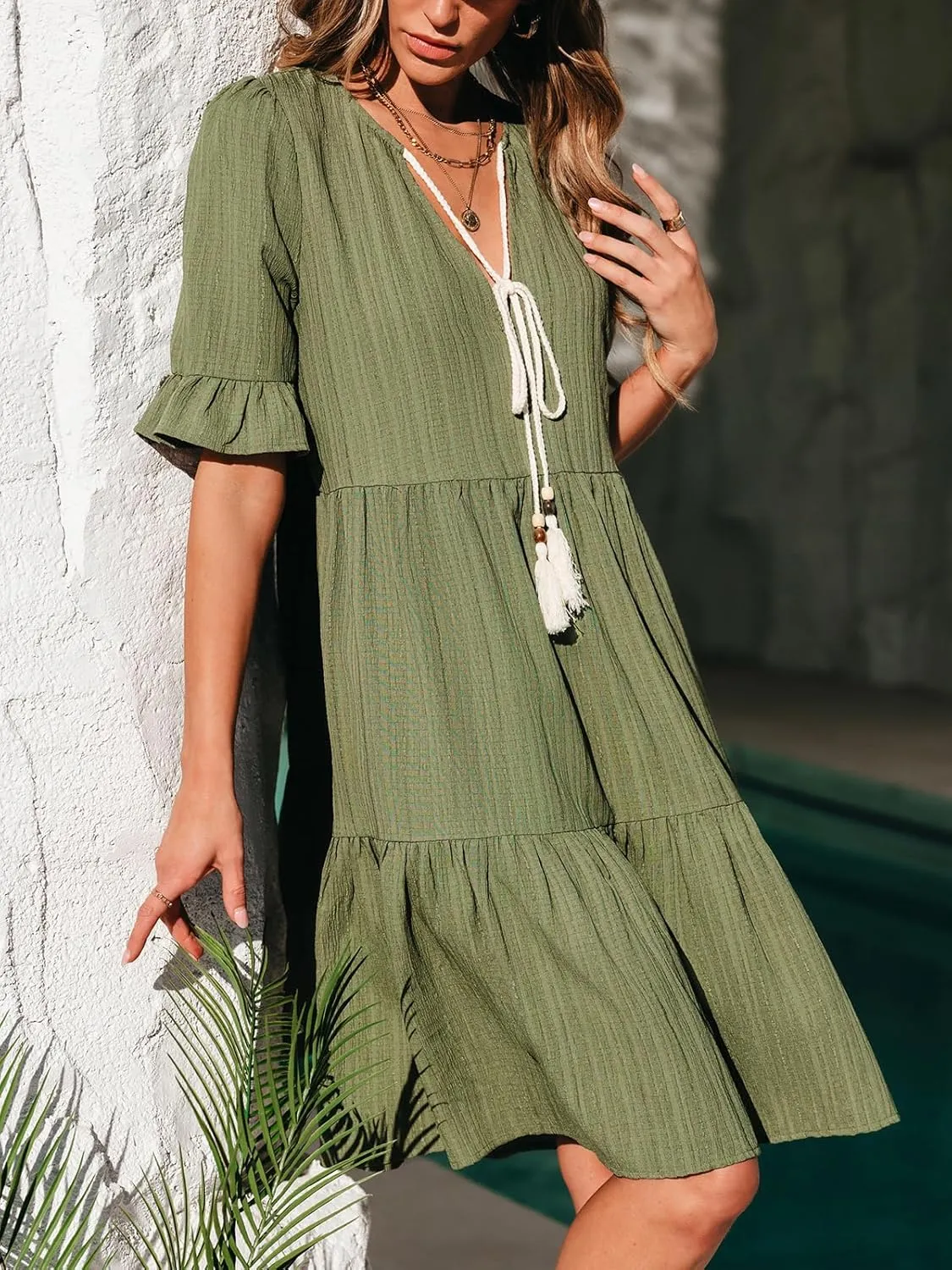 CUPSHE Women Tiered Ruffle Midi Summer Dress Cover Up Notched V Neck Tassel Tie Short Sleeve Casual Spring Beach Dresses