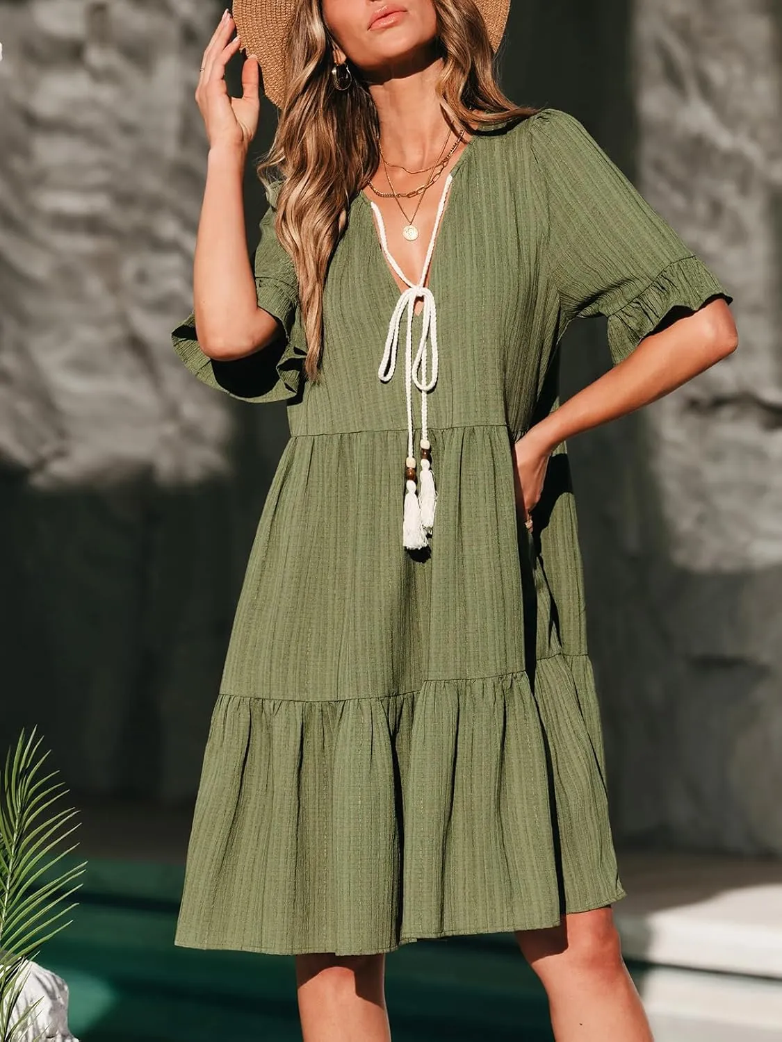 CUPSHE Women Tiered Ruffle Midi Summer Dress Cover Up Notched V Neck Tassel Tie Short Sleeve Casual Spring Beach Dresses