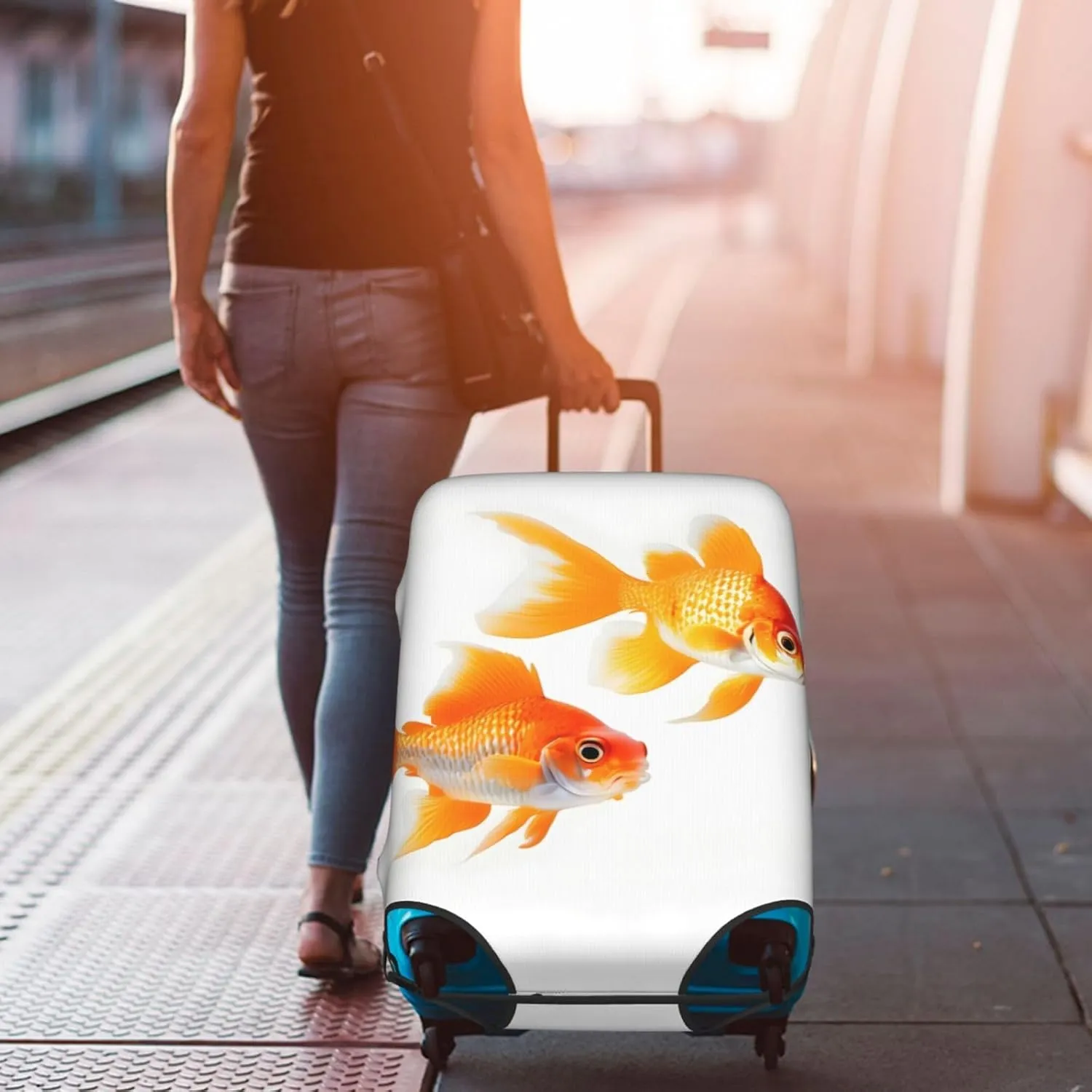 Cute goldfishes Print Practical Elastic Washable Travel Luggage Cover with Concealed Zipper for Suitcases