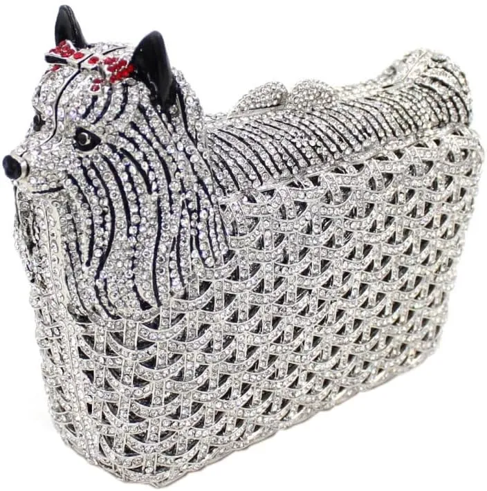 Cute Puppy Evening Bag for Women Rhinestone Clutch Purse Animal Crystal Clutch Poodle Dog Wedding Handbag for Party