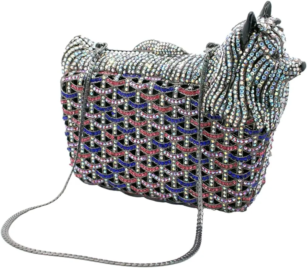 Cute Puppy Evening Bag for Women Rhinestone Clutch Purse Animal Crystal Clutch Poodle Dog Wedding Handbag for Party