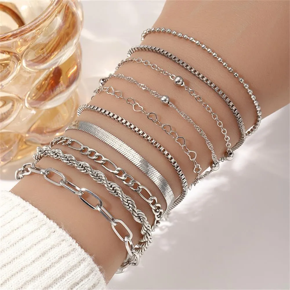 Dainty Silver Bracelets Set Trendy Link Chain Bracelet Silver Jewelry Stackable Bracelet for Women