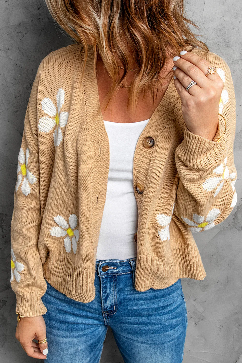 Daisy Pattern Knit Button Front Cardigan