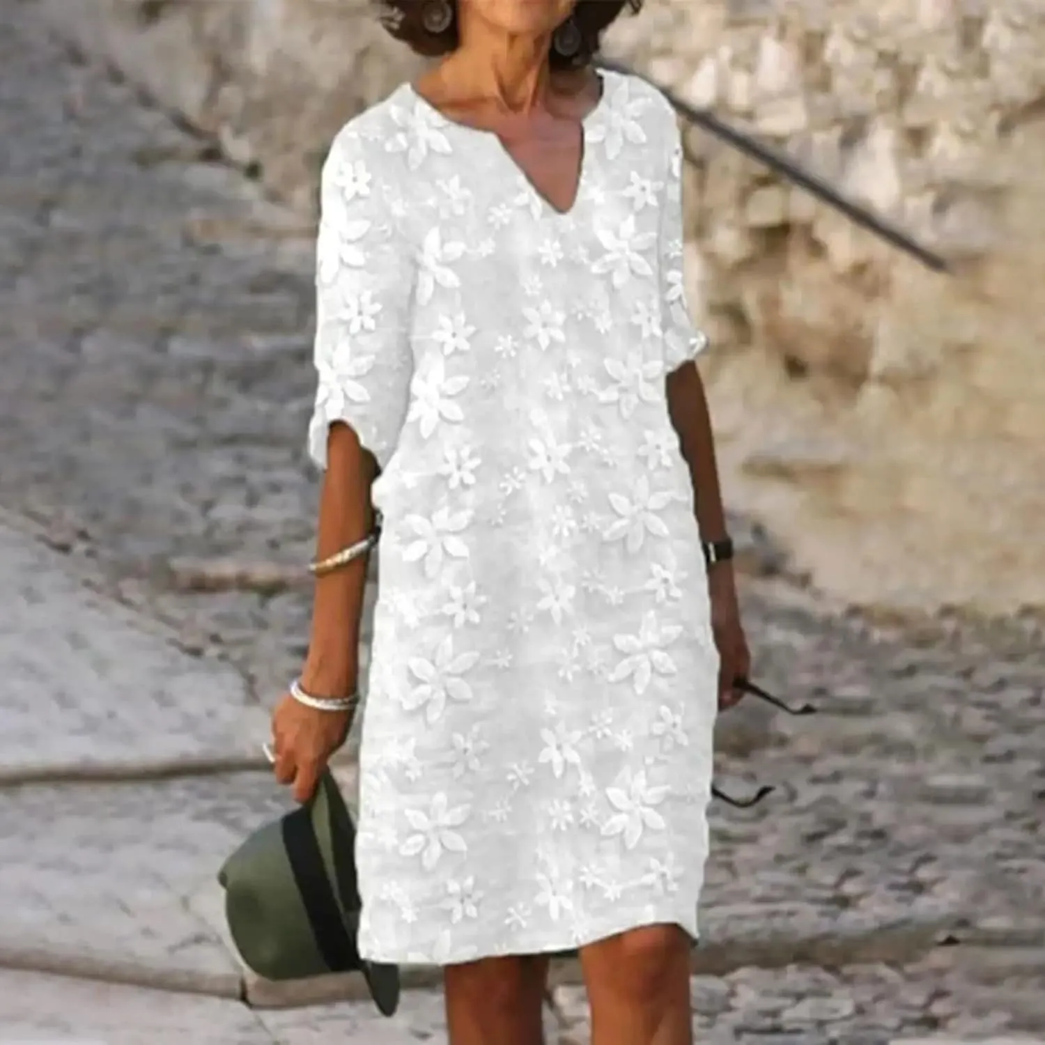 DDAPJ pyju Summer Dresses for Women Floral Lace V Neck Short Sleeve Shirt Dress Boho Beach Cotton Linen Mini Dress