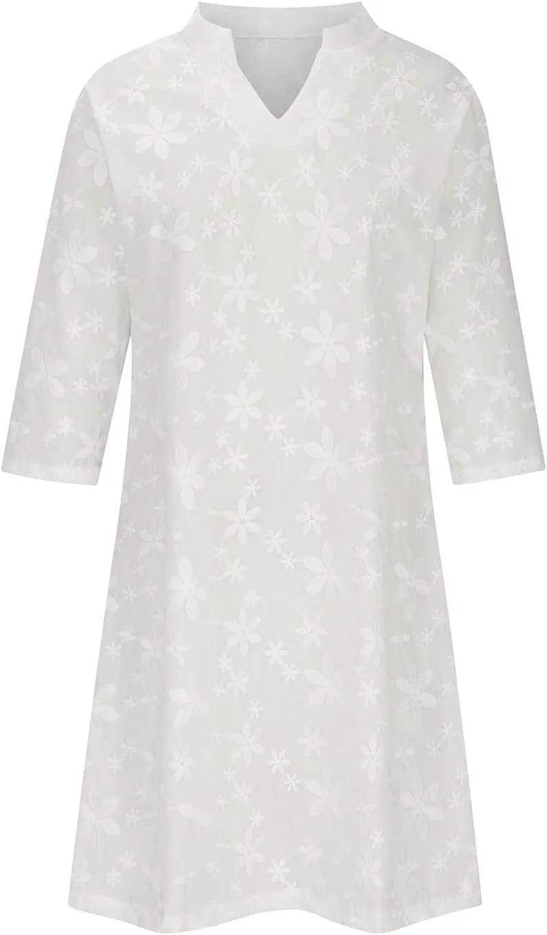 DDAPJ pyju Summer Dresses for Women Floral Lace V Neck Short Sleeve Shirt Dress Boho Beach Cotton Linen Mini Dress