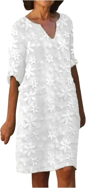 DDAPJ pyju Summer Dresses for Women Floral Lace V Neck Short Sleeve Shirt Dress Boho Beach Cotton Linen Mini Dress