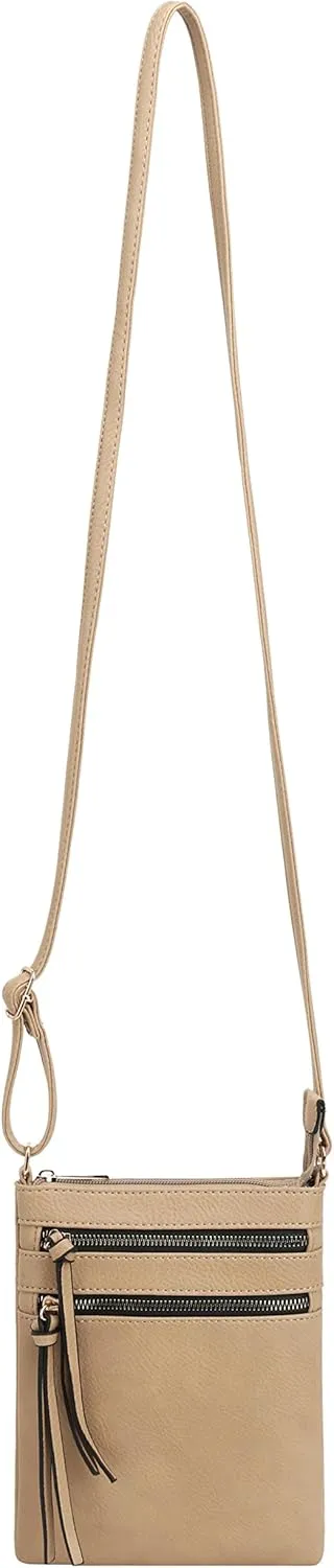DELUXITY | Crossbody Purse Bag | Functional Multi Pocket Double Zipper Purse | Adjustable Strap | Medium Size Purse | Camel