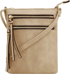 DELUXITY | Crossbody Purse Bag | Functional Multi Pocket Double Zipper Purse | Adjustable Strap | Medium Size Purse | Camel