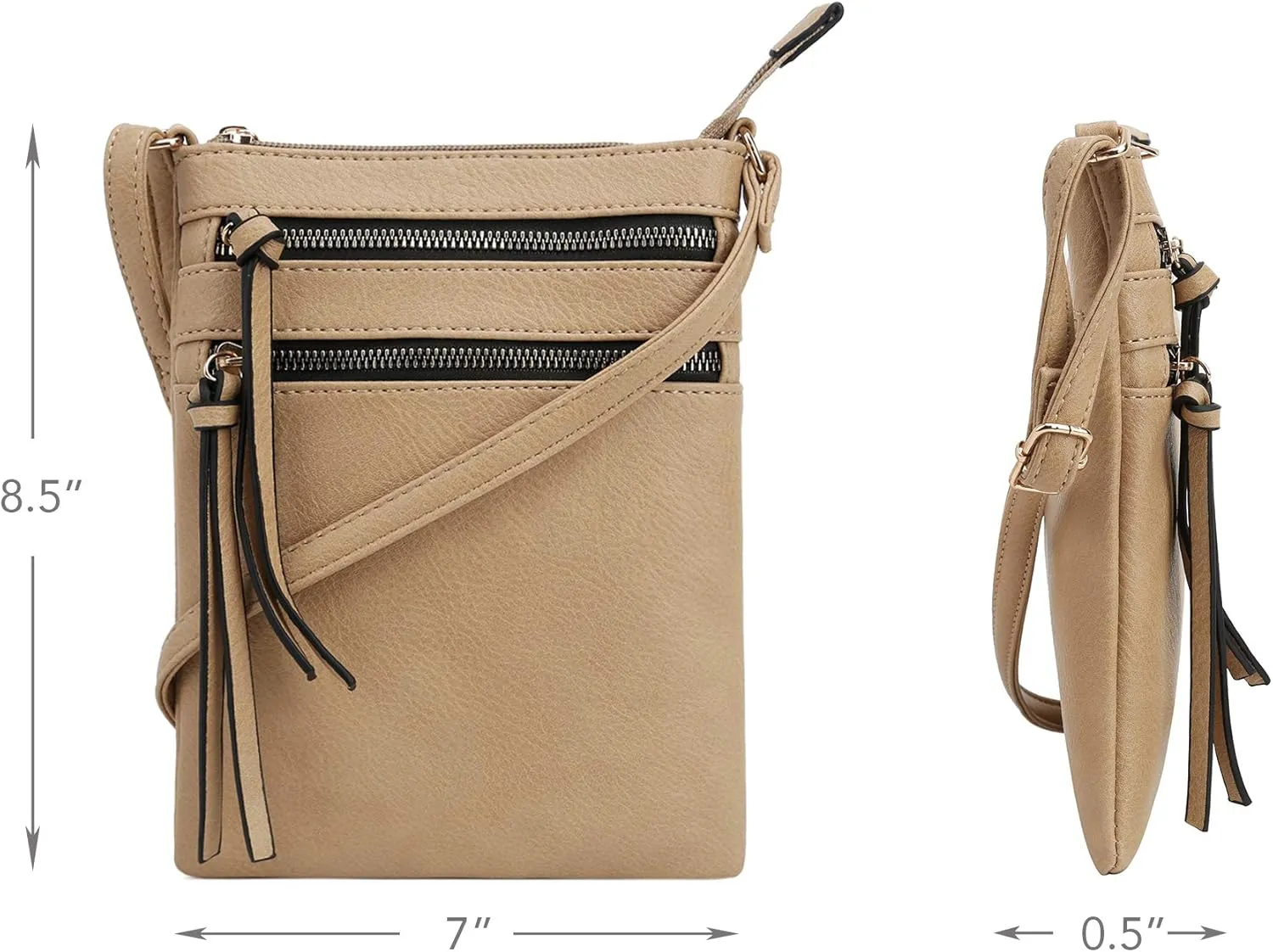 DELUXITY | Crossbody Purse Bag | Functional Multi Pocket Double Zipper Purse | Adjustable Strap | Medium Size Purse | Camel