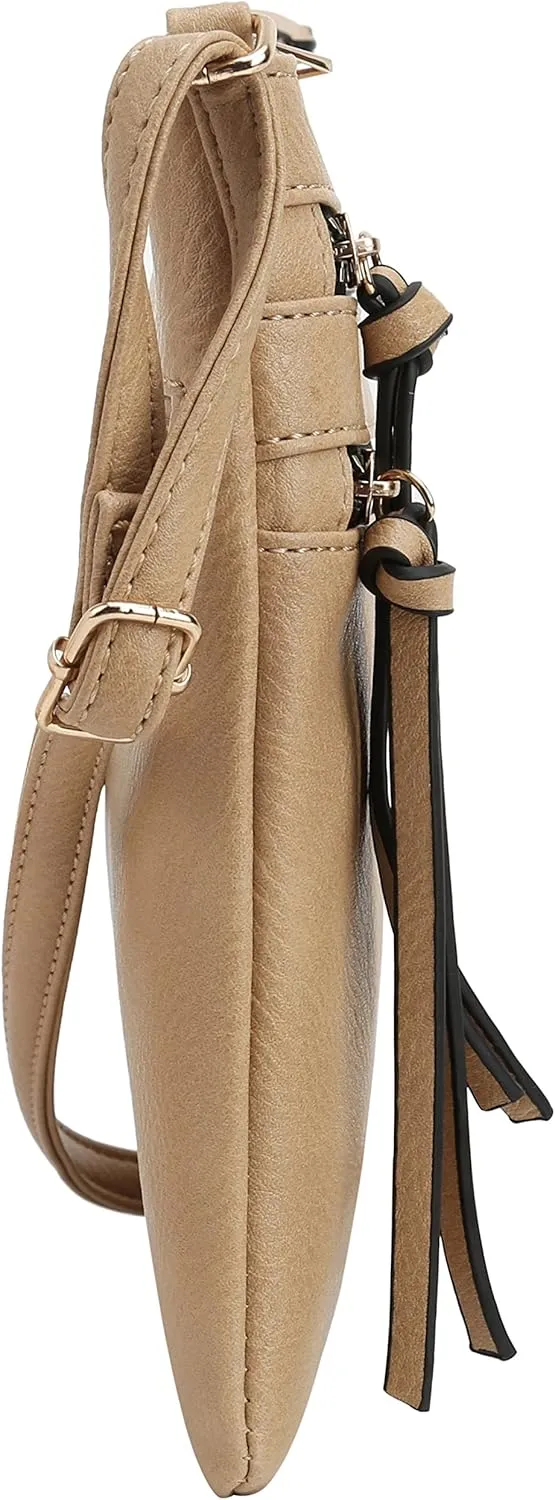 DELUXITY | Crossbody Purse Bag | Functional Multi Pocket Double Zipper Purse | Adjustable Strap | Medium Size Purse | Camel