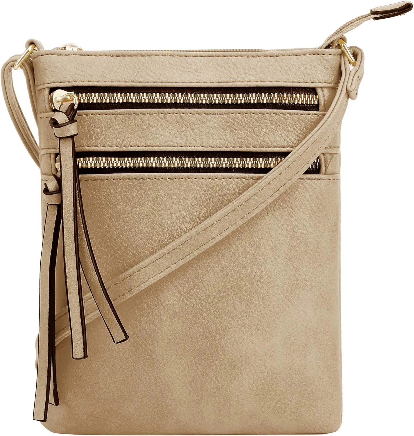 DELUXITY | Crossbody Purse Bag | Functional Multi Pocket Double Zipper Purse | Adjustable Strap | Medium Size Purse | Camel