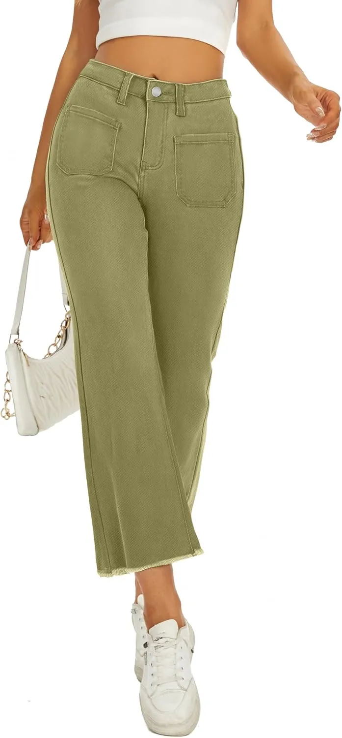 Denim Women Cropped Trousers Jeans Pants Leg Jeans High Rise Pants Stretchy with Pockets