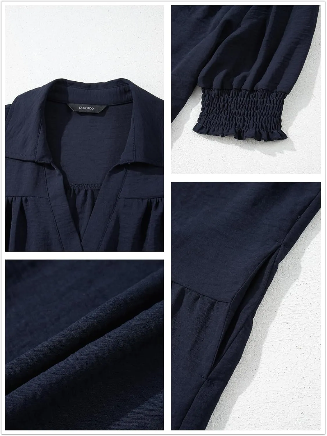 Dokotoo Casual Dresses for Women Lapel Collared V Neck Mid Sleeved Pleated Summer Dresses for Women 2025 Midi Dresses