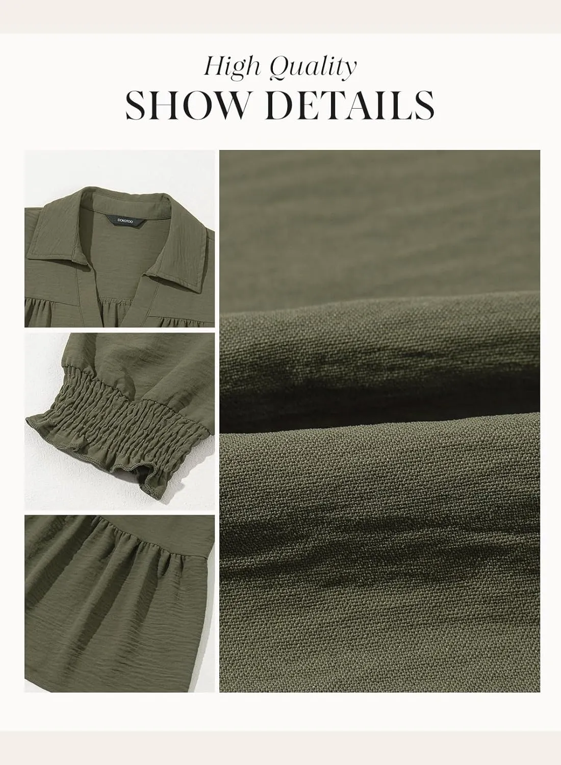 Dokotoo Casual Dresses for Women Lapel Collared V Neck Mid Sleeved Pleated Summer Dresses for Women 2025 Midi Dresses