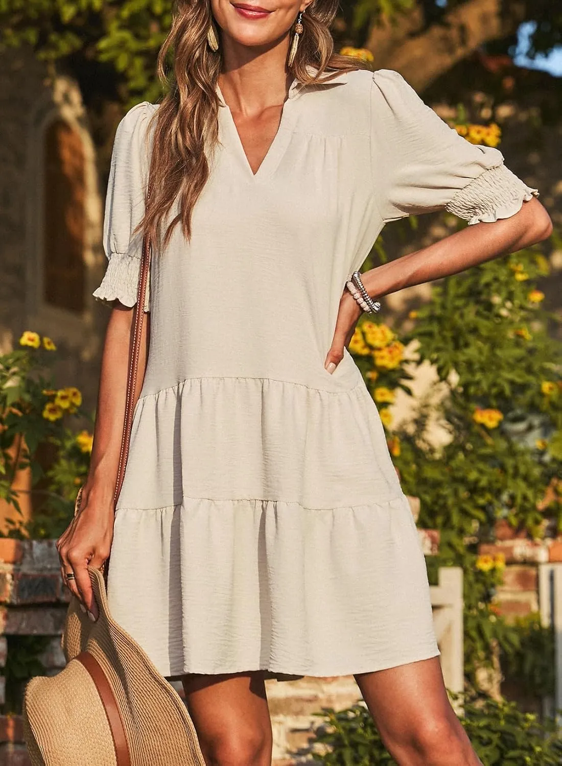 Dokotoo Casual Dresses for Women Lapel Collared V Neck Mid Sleeved Pleated Summer Dresses for Women 2025 Midi Dresses