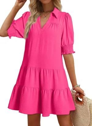 Dokotoo Casual Dresses for Women Lapel Collared V Neck Mid Sleeved Pleated Summer Dresses for Women 2025 Midi Dresses