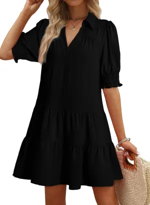 Dokotoo Casual Dresses for Women Lapel Collared V Neck Mid Sleeved Pleated Summer Dresses for Women 2025 Midi Dresses