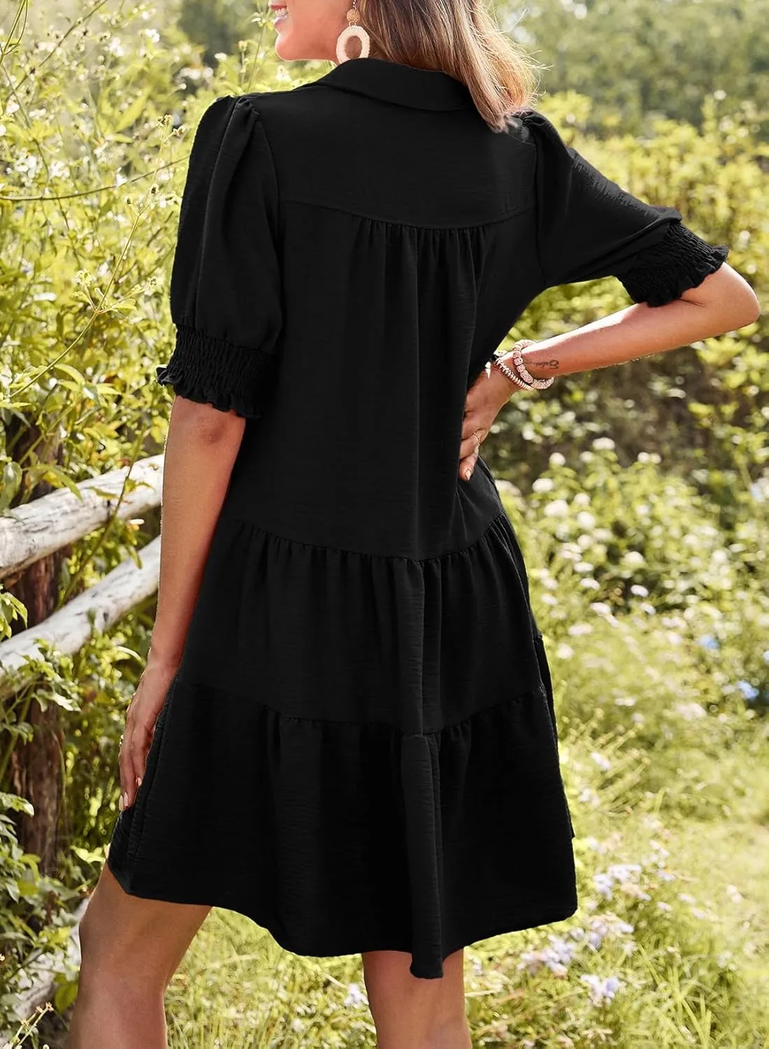 Dokotoo Casual Dresses for Women Lapel Collared V Neck Mid Sleeved Pleated Summer Dresses for Women 2025 Midi Dresses