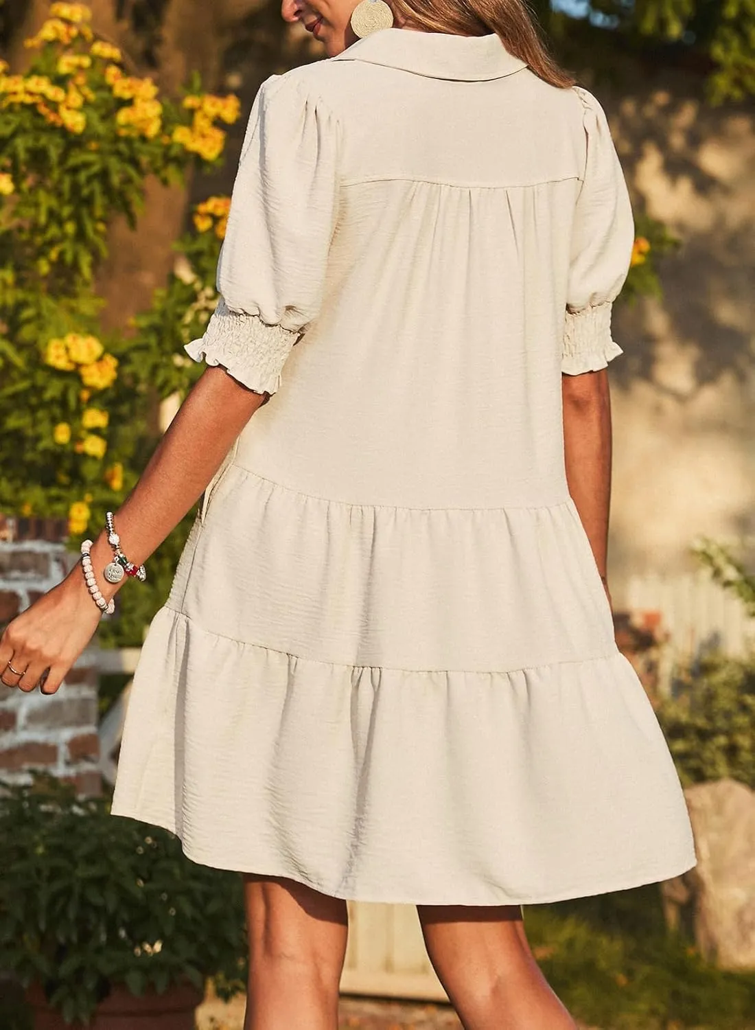 Dokotoo Casual Dresses for Women Lapel Collared V Neck Mid Sleeved Pleated Summer Dresses for Women 2025 Midi Dresses