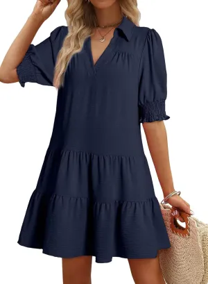 Dokotoo Casual Dresses for Women Lapel Collared V Neck Mid Sleeved Pleated Summer Dresses for Women 2025 Midi Dresses