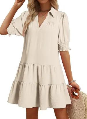 Dokotoo Casual Dresses for Women Lapel Collared V Neck Mid Sleeved Pleated Summer Dresses for Women 2025 Midi Dresses