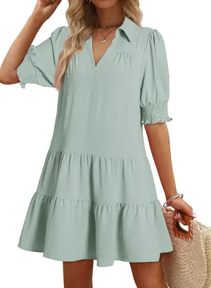 Dokotoo Casual Dresses for Women Lapel Collared V Neck Mid Sleeved Pleated Summer Dresses for Women 2025 Midi Dresses