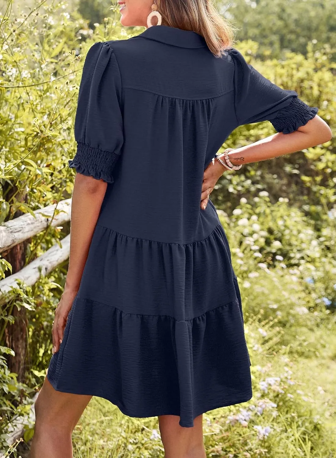 Dokotoo Casual Dresses for Women Lapel Collared V Neck Mid Sleeved Pleated Summer Dresses for Women 2025 Midi Dresses