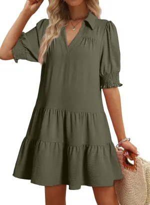 Dokotoo Casual Dresses for Women Lapel Collared V Neck Mid Sleeved Pleated Summer Dresses for Women 2025 Midi Dresses