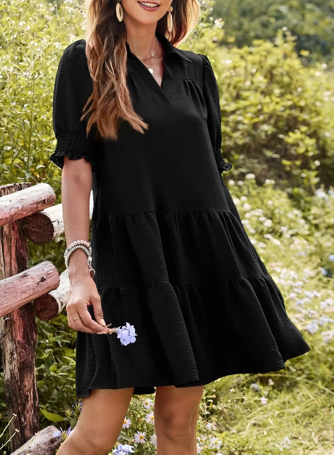 Dokotoo Casual Dresses for Women Lapel Collared V Neck Mid Sleeved Pleated Summer Dresses for Women 2025 Midi Dresses