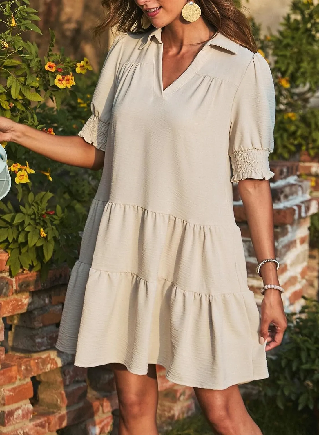Dokotoo Casual Dresses for Women Lapel Collared V Neck Mid Sleeved Pleated Summer Dresses for Women 2025 Midi Dresses