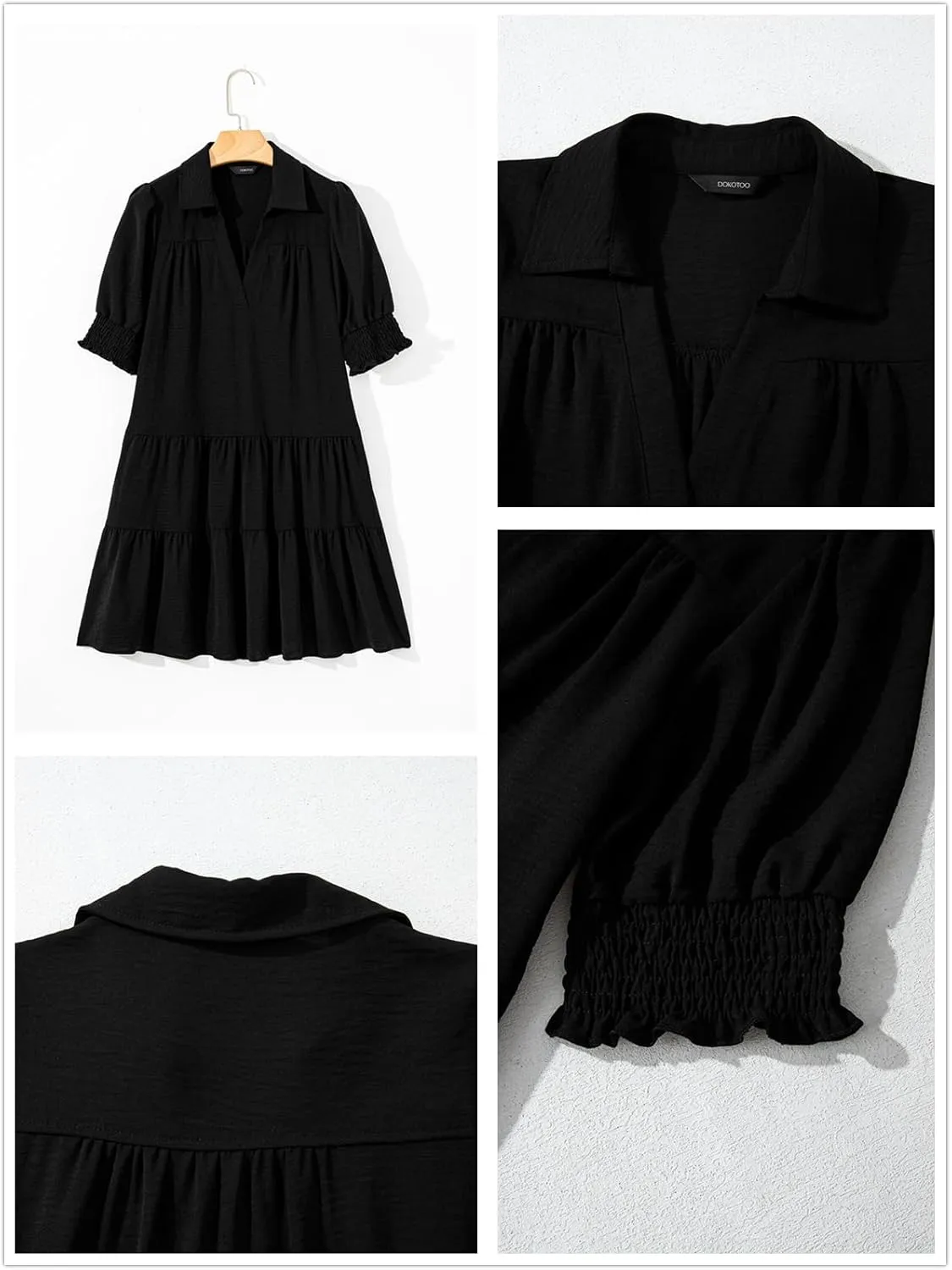 Dokotoo Casual Dresses for Women Lapel Collared V Neck Mid Sleeved Pleated Summer Dresses for Women 2025 Midi Dresses
