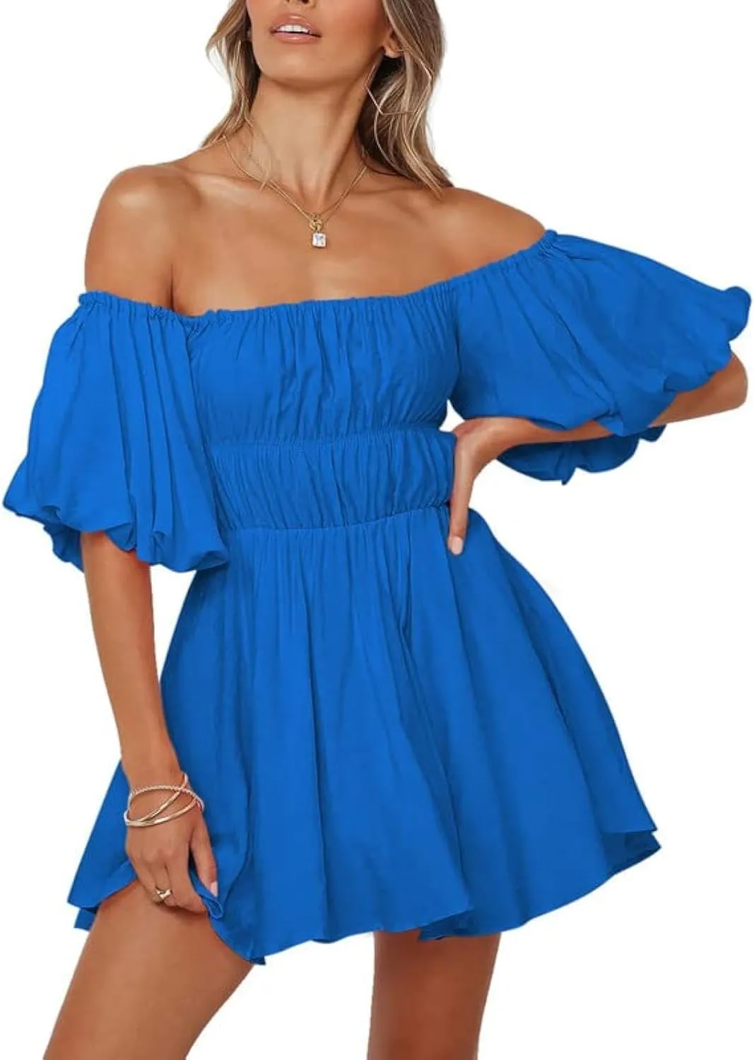 Dokotoo Womens Off The Shoulder Summer Dresses 2025 Short Lantern Sleeve Ruffle Elastic Waist A-Line Casual Mini Dress