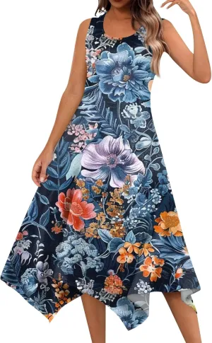 DOPOCQ Midi Dresses for Women 2024 Summer Hawaiian Trendy Print Boho Beach Dresses Casual Plus Size Sleeveless Tank Sundress