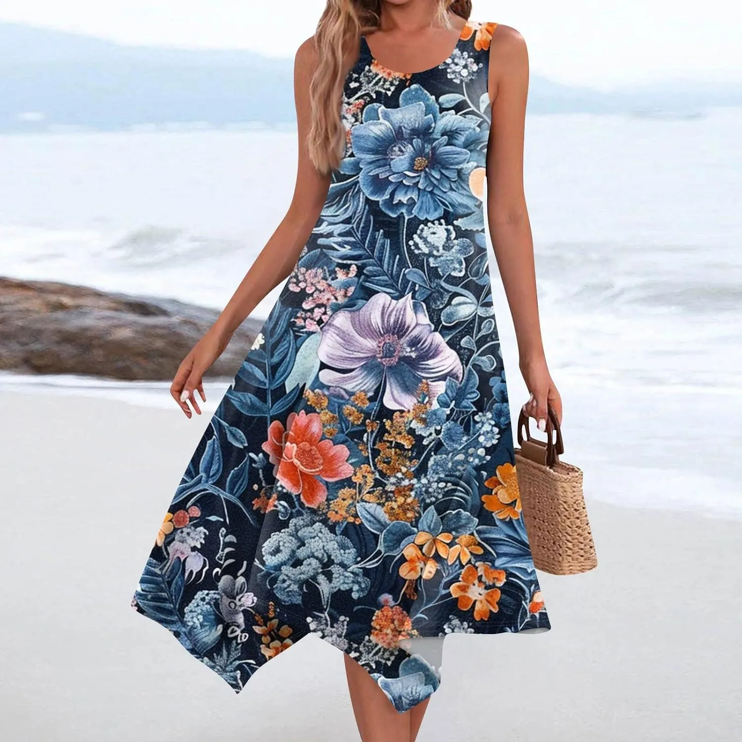 DOPOCQ Midi Dresses for Women 2024 Summer Hawaiian Trendy Print Boho Beach Dresses Casual Plus Size Sleeveless Tank Sundress