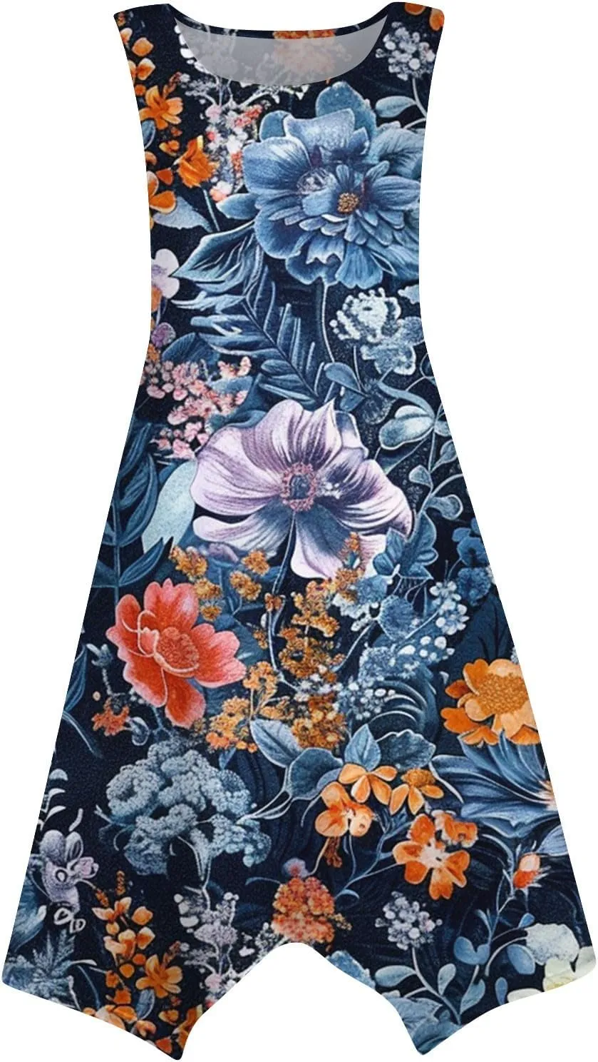 DOPOCQ Midi Dresses for Women 2024 Summer Hawaiian Trendy Print Boho Beach Dresses Casual Plus Size Sleeveless Tank Sundress