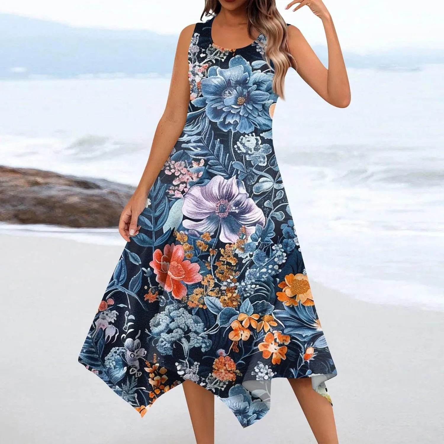 DOPOCQ Midi Dresses for Women 2024 Summer Hawaiian Trendy Print Boho Beach Dresses Casual Plus Size Sleeveless Tank Sundress