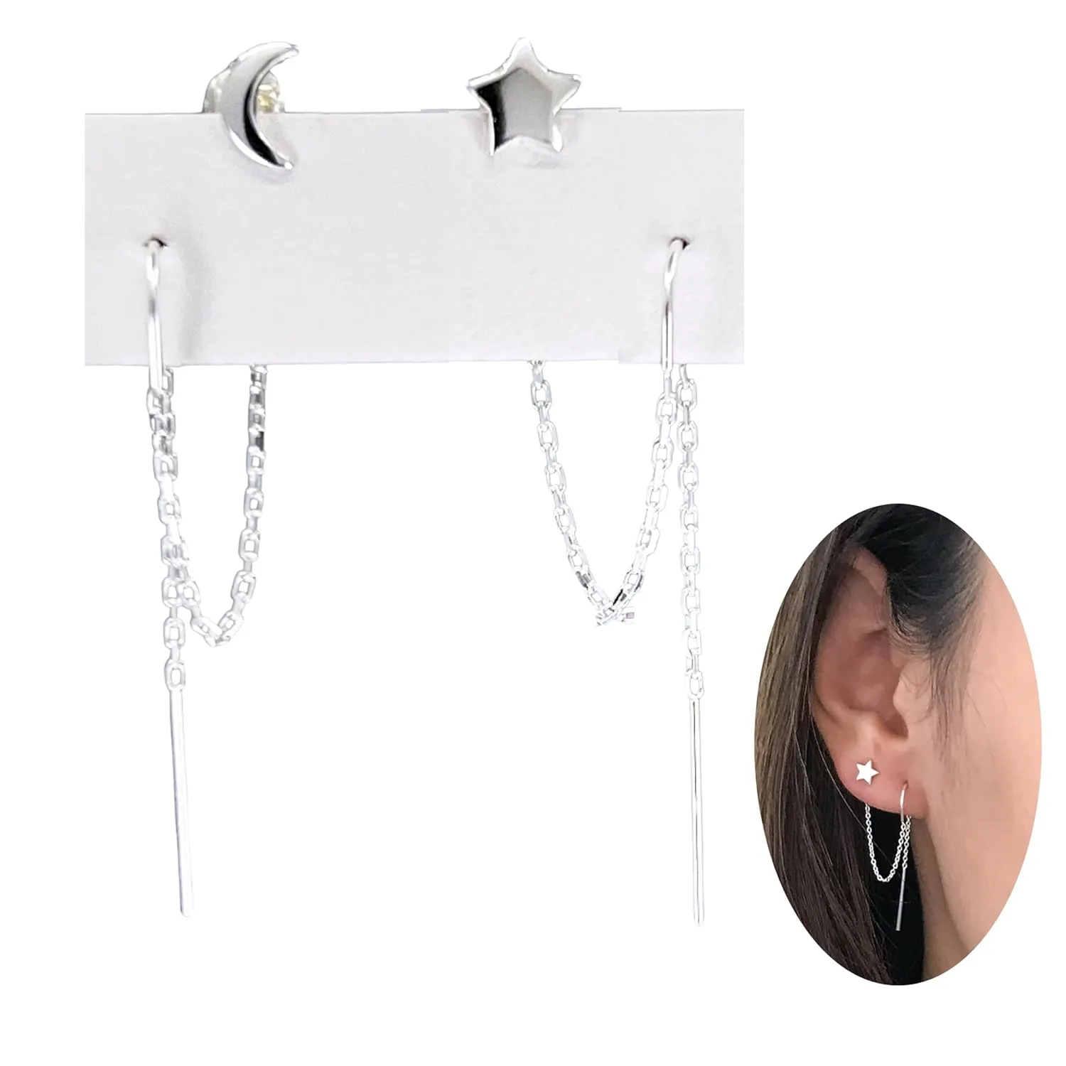 Double Piercing Earrings, Earrings for Two Holes Set, Chain Earrings Double Piercing, Double 2 Hole Threader Earrings for Women, 14k Gold Filled Sterling Silver (Silver, Star and Moon)