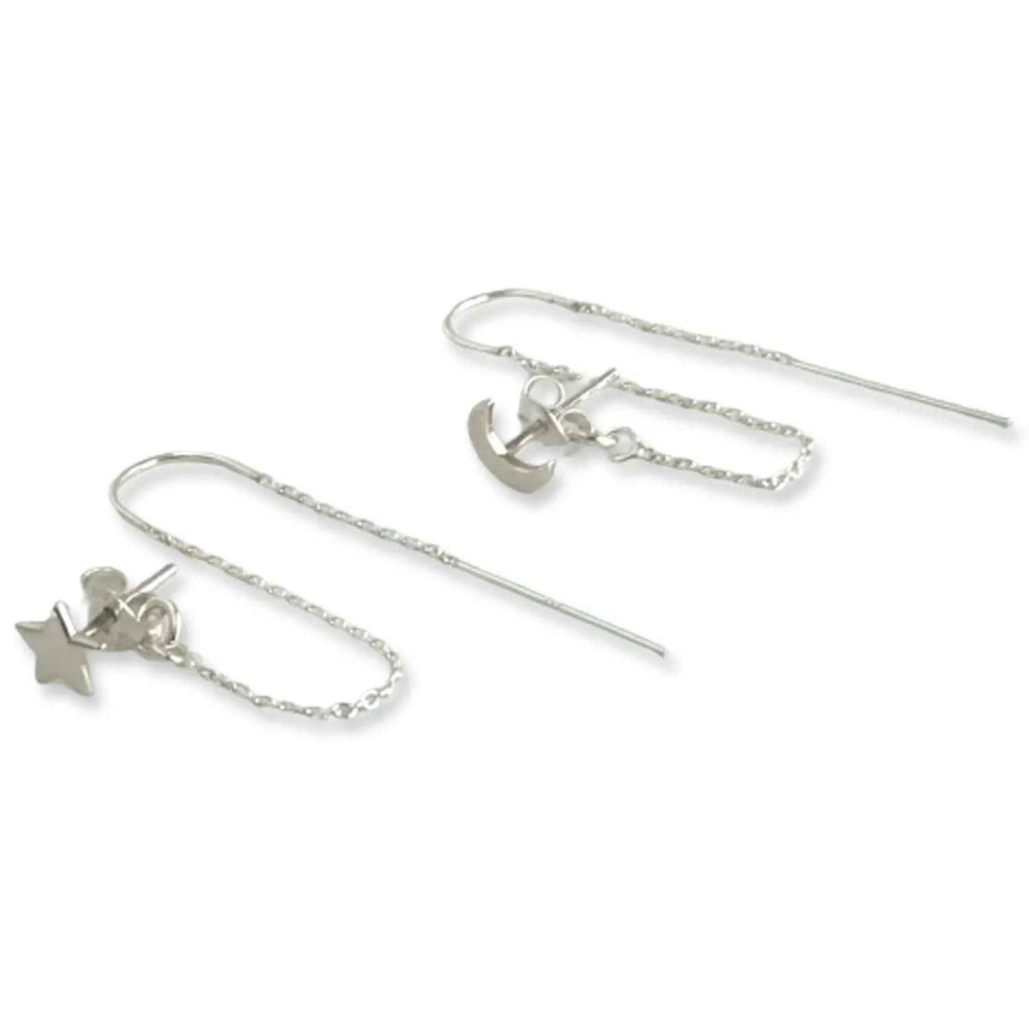Double Piercing Earrings, Earrings for Two Holes Set, Chain Earrings Double Piercing, Double 2 Hole Threader Earrings for Women, 14k Gold Filled Sterling Silver (Silver, Star and Moon)